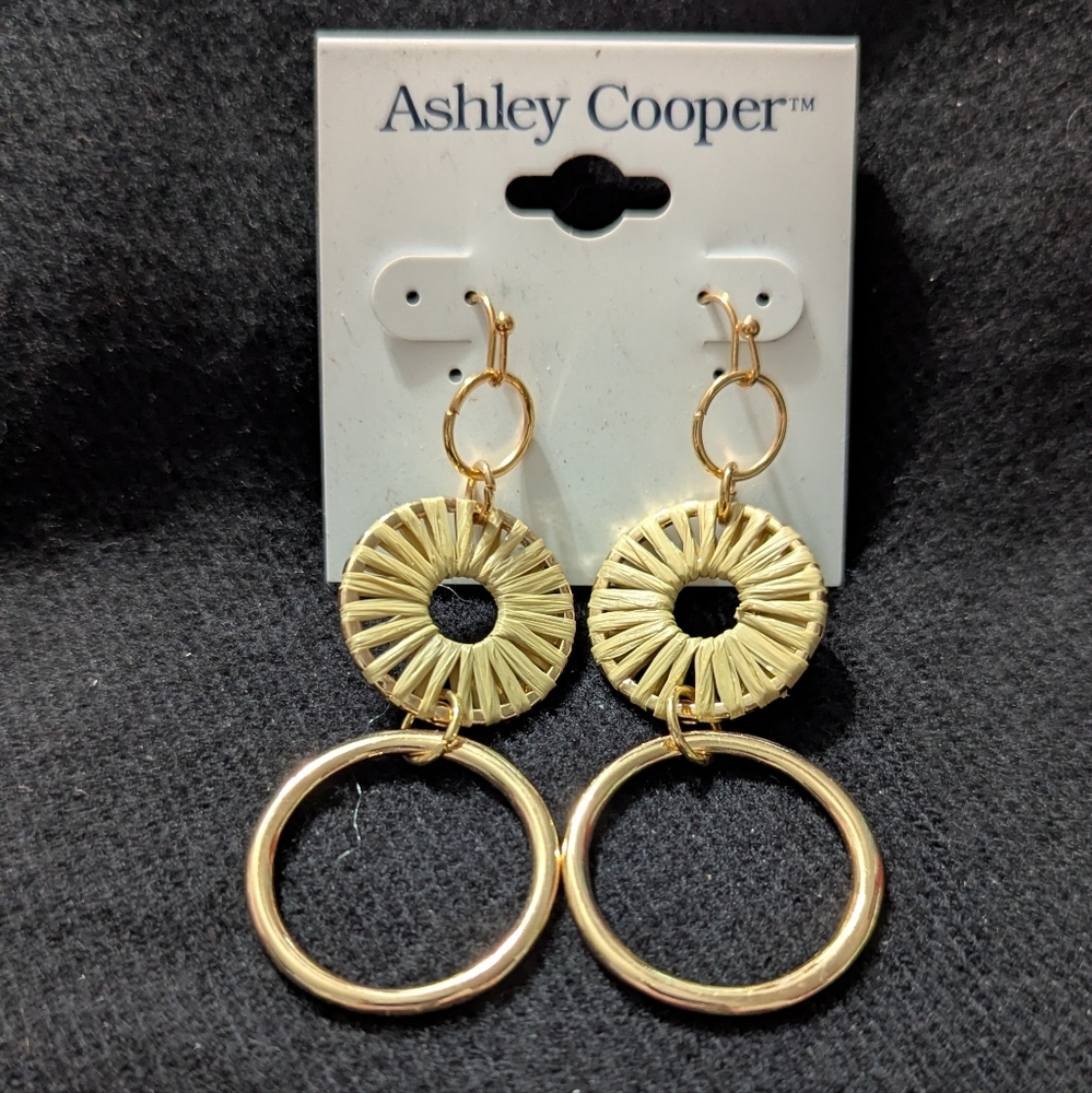 Ashley Cooper Gold Hoop Cream Raffia Dangle Drop Statement Earrings
